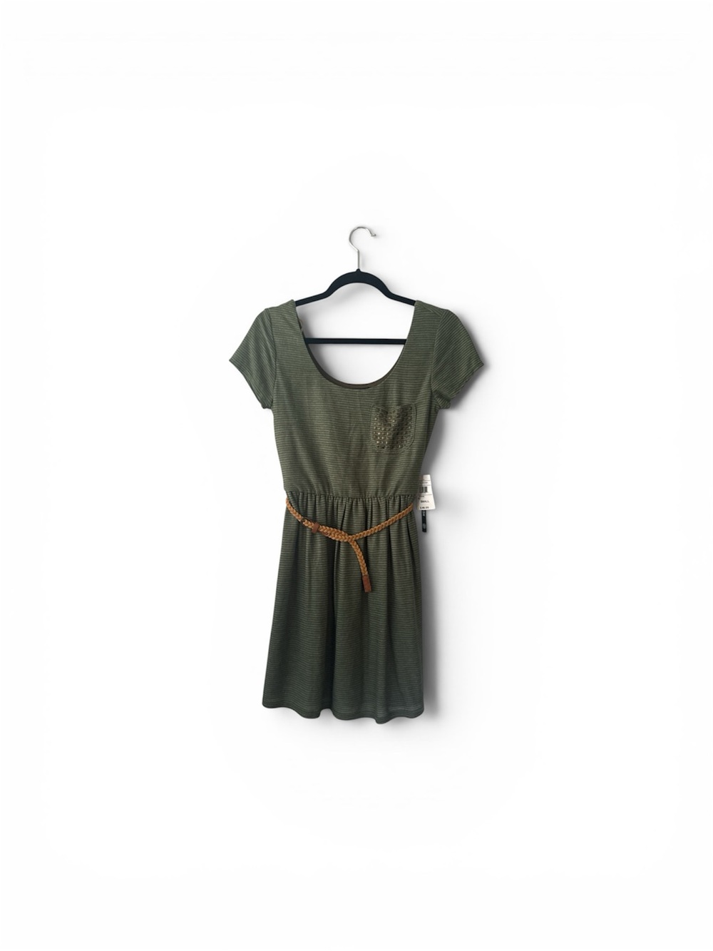 As U Wish Olive Green Scoop Neck Mini Dress with Braided Belt
